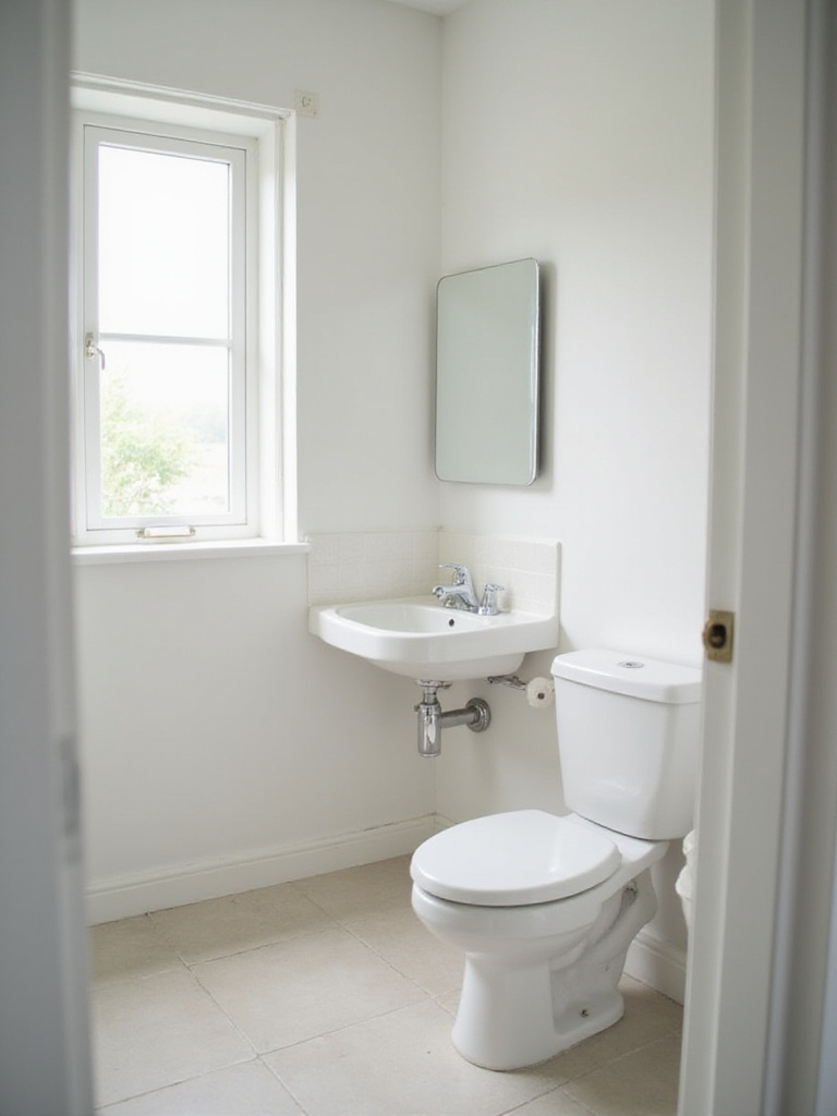 A compact white ceramic corner sink installed in a small, bright bathroom, demonstrating a space-saving solution. A mirror hangs above the sink, and parts of a toilet and shower area are visible, illustrating the efficient layout.