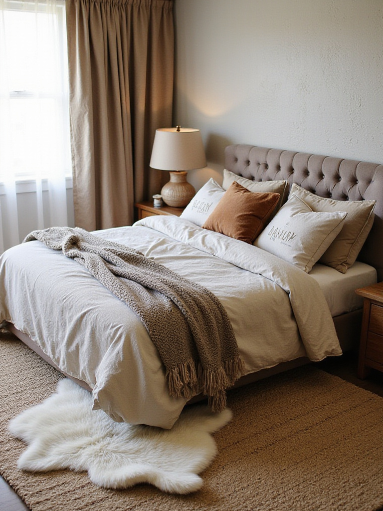 Bedroom decor showcasing effective texture layering on the bed, floor, and furniture. Features layered bedding with varying fabrics, a combination of jute and soft rugs, and mixed material furniture.