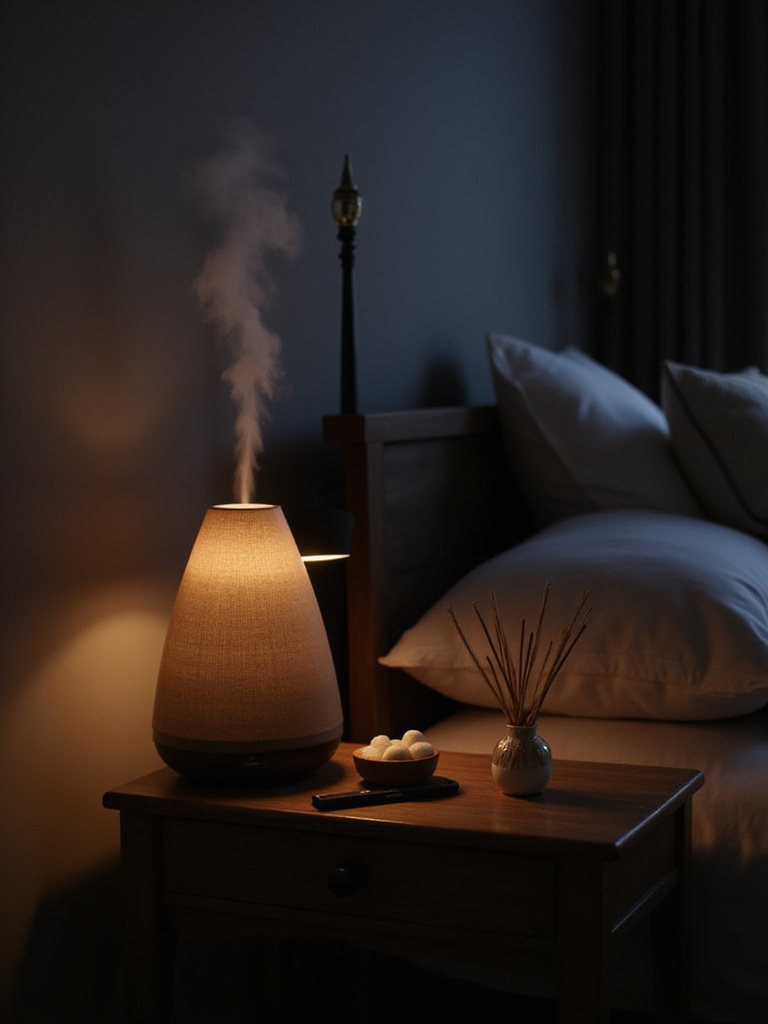A serene bedroom scene featuring a bedside table with an essential oil diffuser and reed diffuser, creating a calming atmosphere.