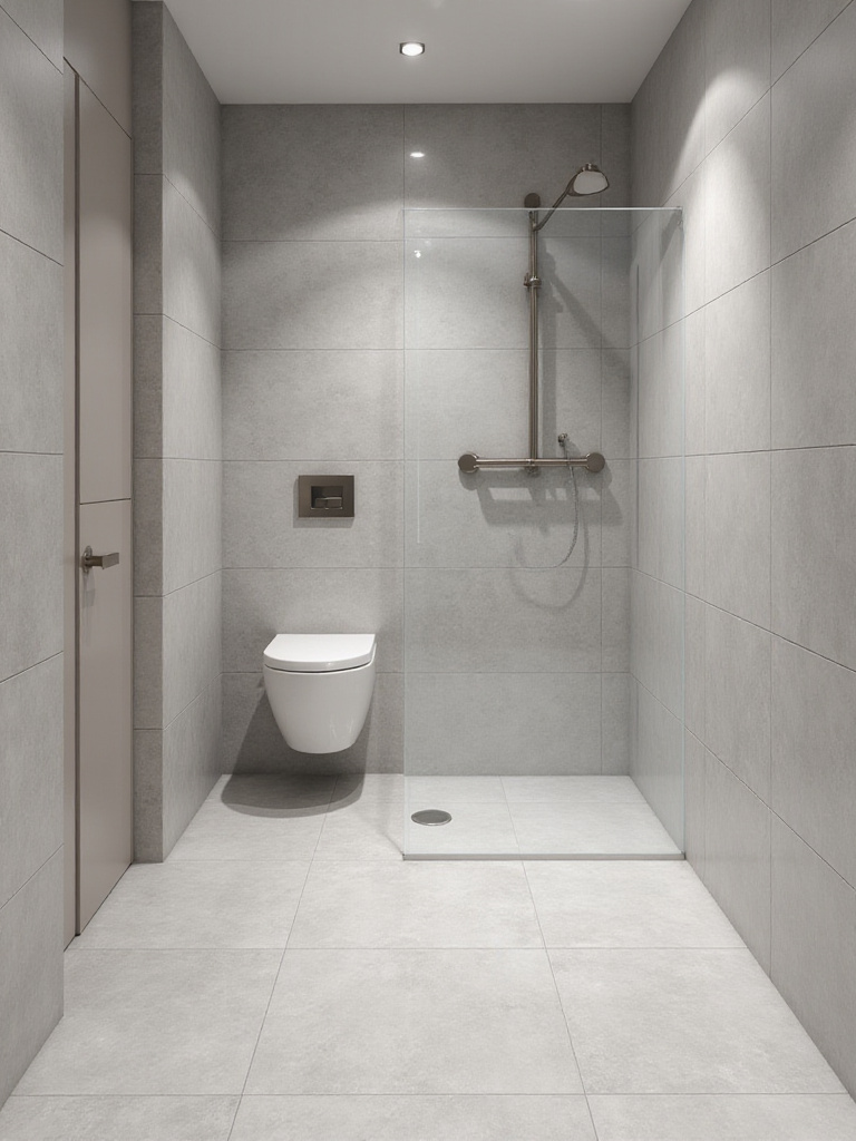 Small modern wet room bathroom featuring seamless light gray tiles, a minimalist walk-in shower area with a linear drain and frameless glass screen, a wall-hung toilet, and a wall-mounted vanity to maximize space.