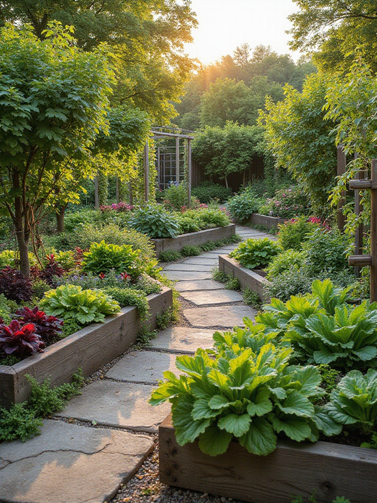 Lush edible landscape with raised garden beds, fruit trees, and a stone pathway