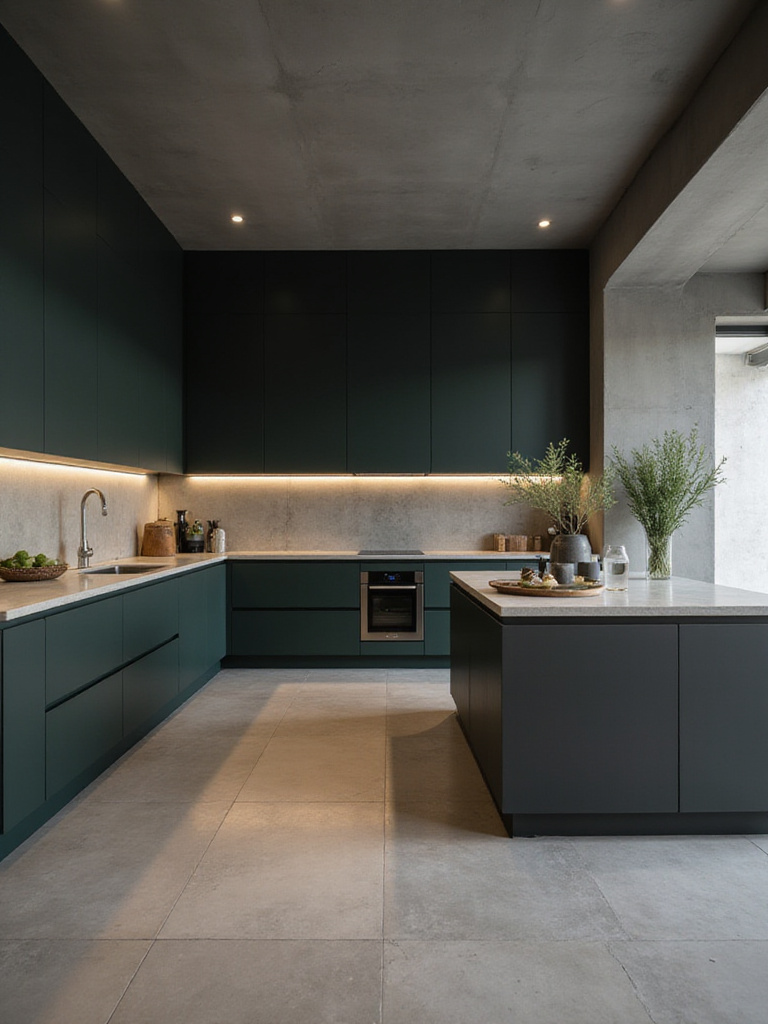 A sophisticated modern kitchen featuring matte finish cabinetry in a deep color, a matte island, and matte backsplash. The low-sheen surfaces create a refined and elegant contemporary design.