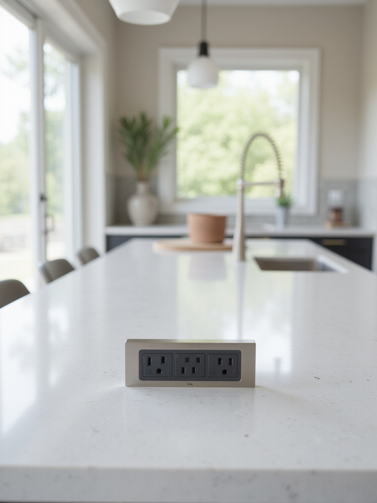 Modern kitchen island with a hidden pop-up outlet featuring electrical outlets and USB charging ports.