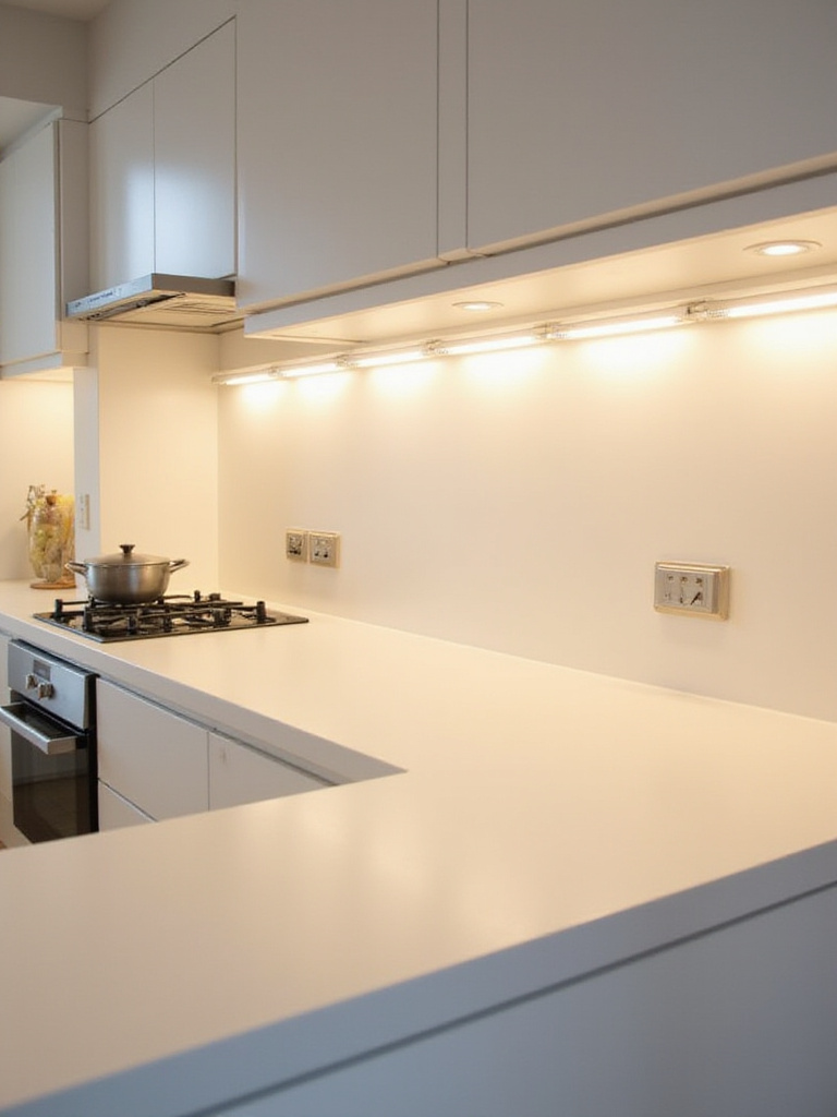 Modern kitchen with brilliant under-cabinet LED task lighting illuminating the countertop.
