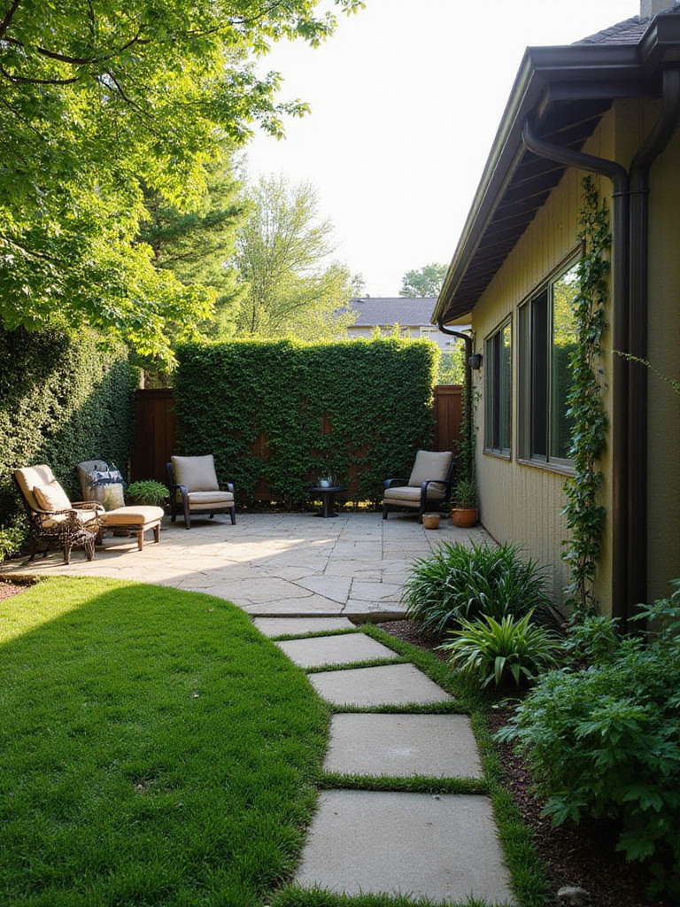 Backyard with wooden fence and lush green hedges for privacy
