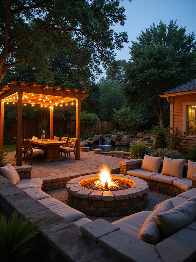 Backyard oasis featuring a fire pit, dining area, and water feature