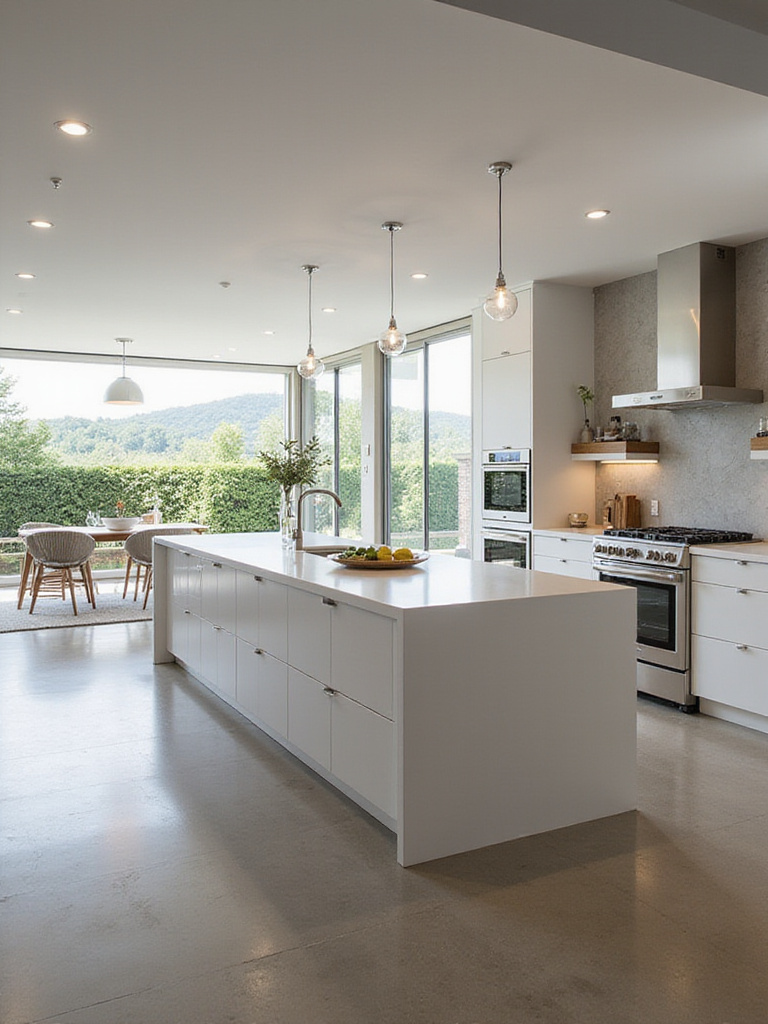 Modern kitchen with spacious walkway clearance around the island.