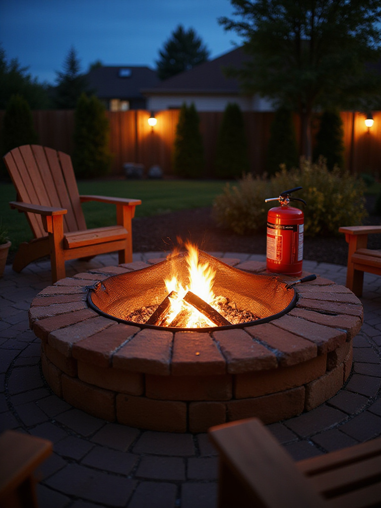 Backyard fire pit with spark screen and fire extinguisher for safety