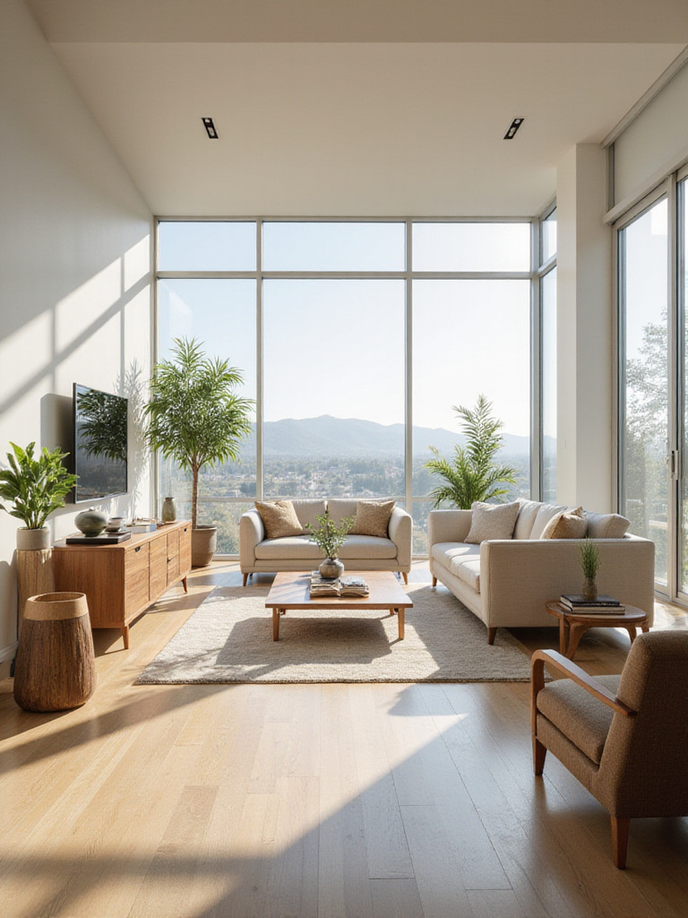 A modern living room interior with furniture spaced to ensure smooth and clear traffic flow.