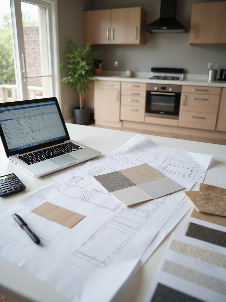 Kitchen island planning materials including budget spreadsheet, material samples, and sketches on a countertop.