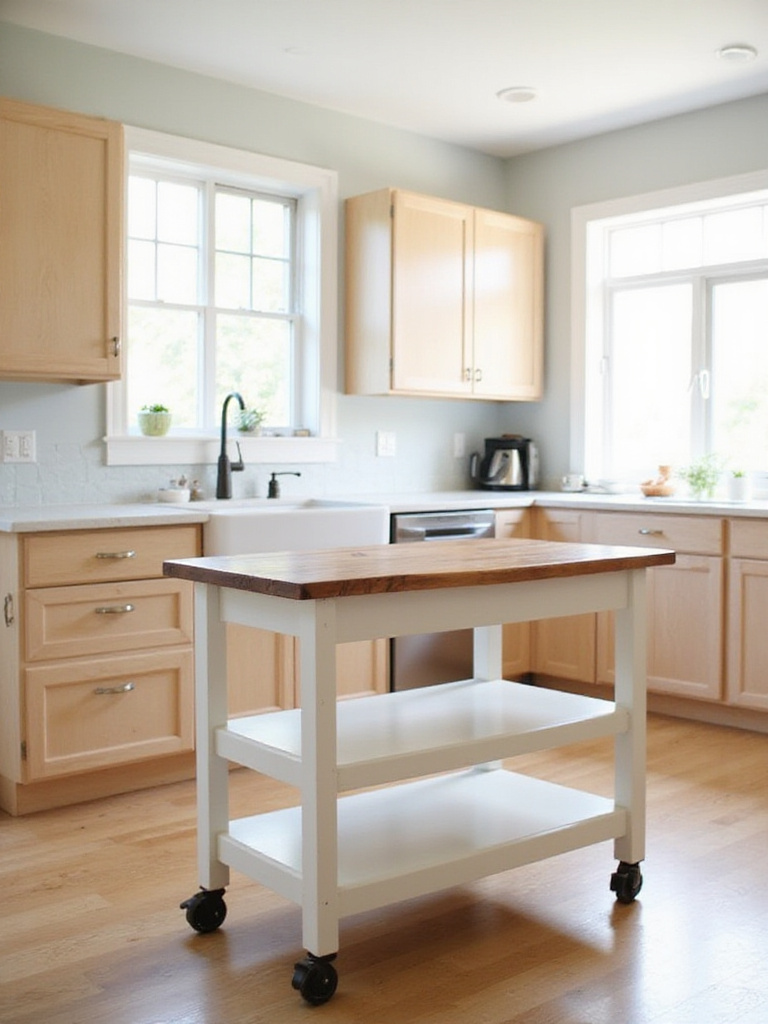 Rolling kitchen cart with butcher block top in a modern kitchen, showing versatility vs fixed island potential.