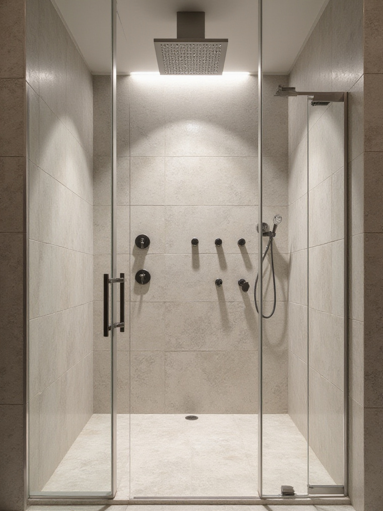 A luxurious, modern spa shower featuring a large ceiling-mounted rain shower head and multiple integrated body jets on the wall, set within a frameless glass enclosure with natural stone tiles. Ideal for a luxury bathroom remodel.