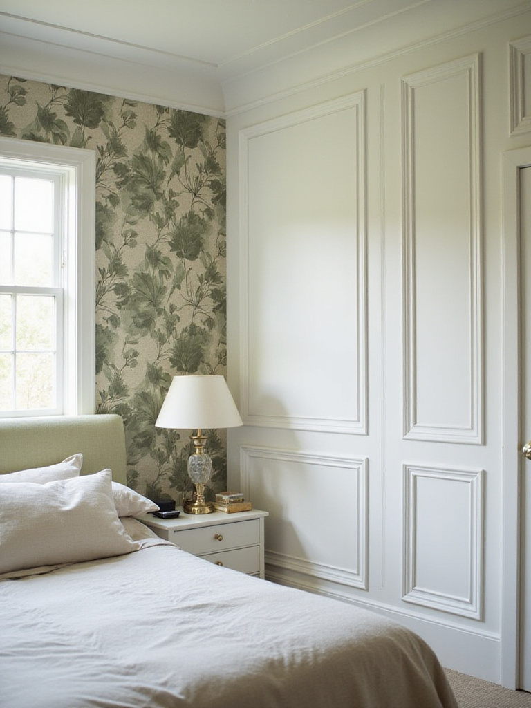 Bedroom wall decor inspiration featuring a bed against a large-scale botanical wallpaper accent wall and adjacent walls with white geometric applied molding paneling, creating a serene and textured look.