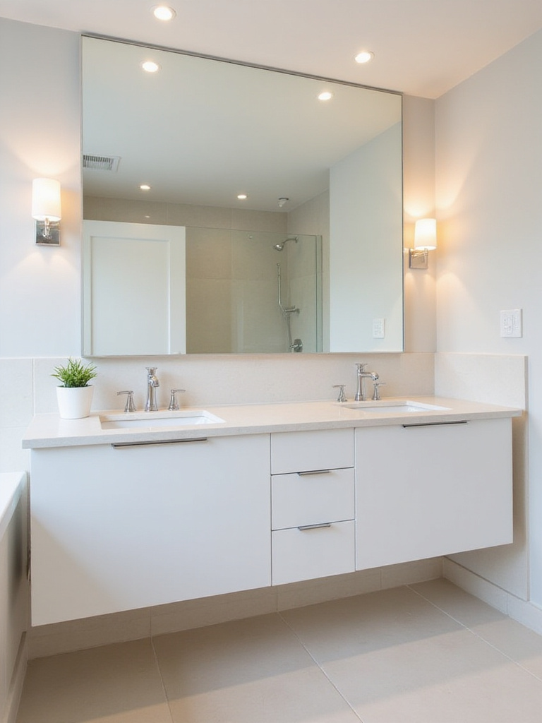 Modern bathroom with extra-large frameless mirror above double vanity