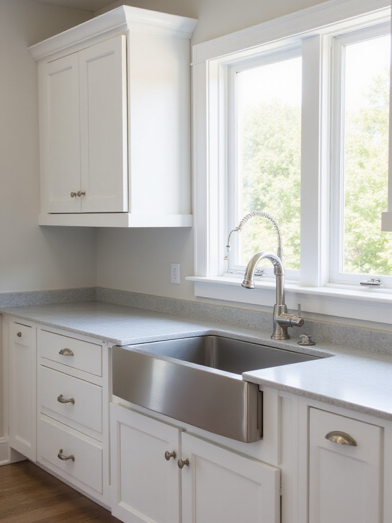 Modern kitchen featuring a stainless steel farmhouse sink with gray quartz countertops and white cabinets.