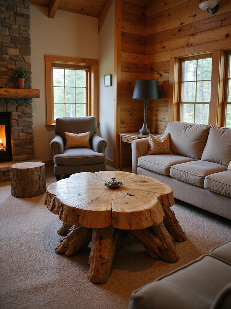 Rustic living room featuring a log slice coffee table, log-frame armchair, and log end table, creating a cozy, natural atmosphere.