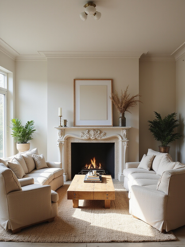 Living room featuring a large fireplace as the central focal point, with a sofa and chairs arranged around it.