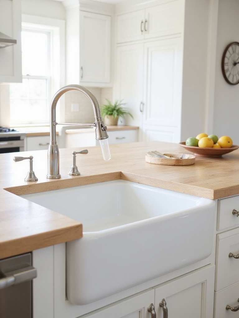 White farmhouse fireclay sink in a modern kitchen island with light wood countertops.