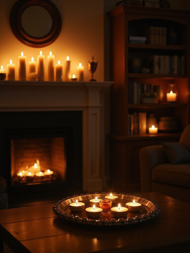 A cozy living room with warm ambient light from flickering LED candles on the fireplace mantel, coffee table, and bookshelf, creating a relaxing atmosphere.