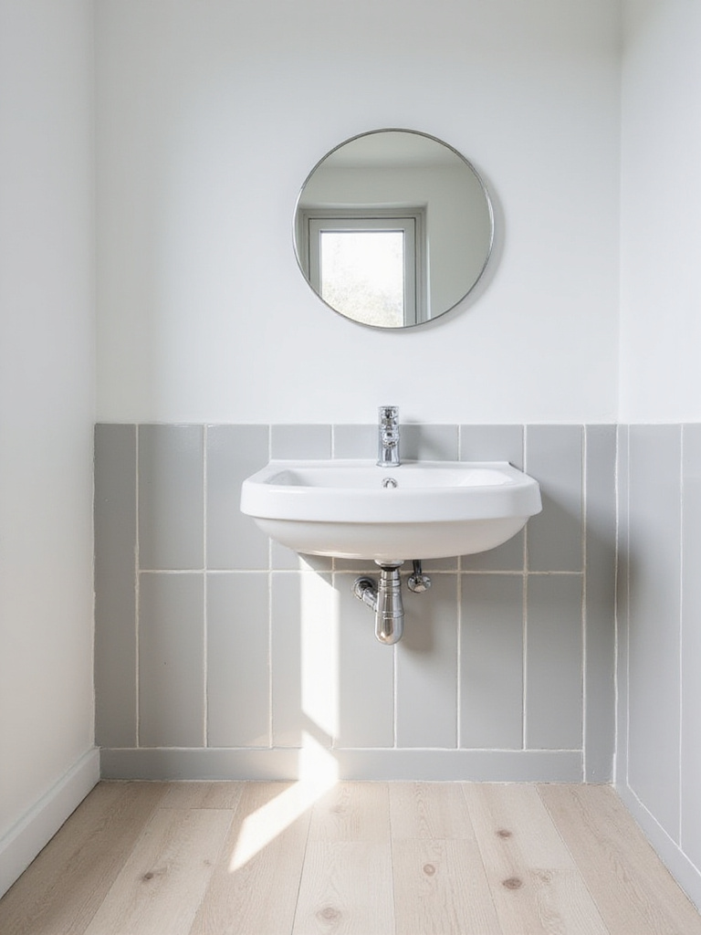Small modern bathroom with a white wall-mounted sink, highlighting open floor space.