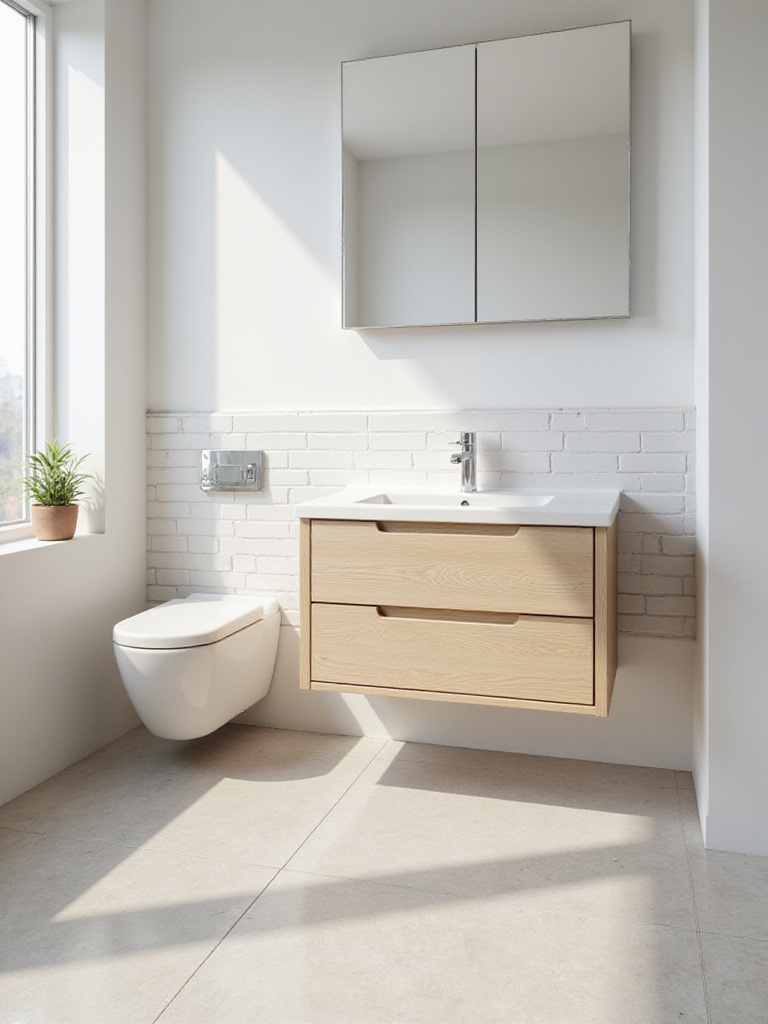 A light wood floating vanity mounted on a subway-tiled wall in a small, modern bathroom. The floor is visible underneath, highlighting the space-saving design.