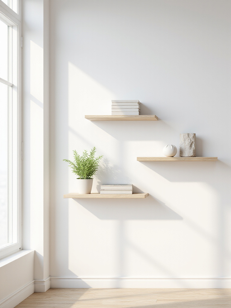 Minimalist living room wall with light wood floating shelves displaying a few curated items like a plant, books, and sculpture.