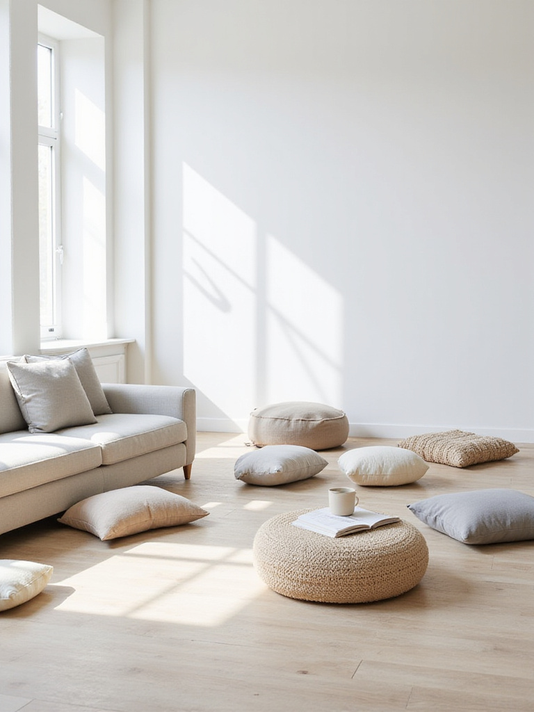 Minimalist living room with a simple sofa and various neutral-toned floor cushions and poufs arranged on a light wood floor, illuminated by natural light.