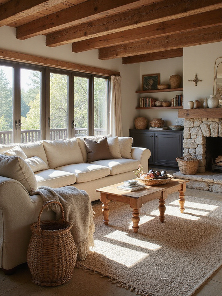 Cozy rustic living room showcasing layered textures: plush sofa, wooden table, stone fireplace, layered rugs, and woven accents create a warm, inviting atmosphere.