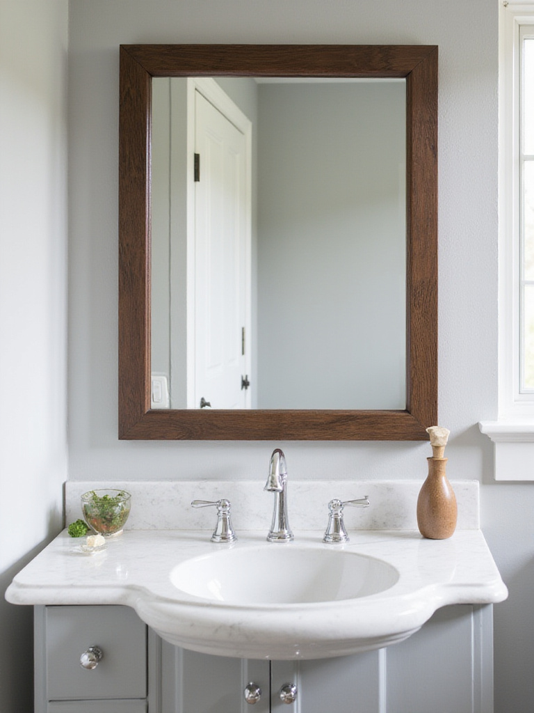 Modern bathroom with dark wood framed mirror above vanity