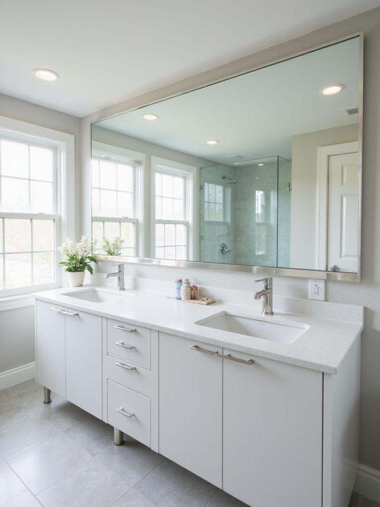 Modern bathroom featuring a large rectangular frameless mirror above a double vanity.