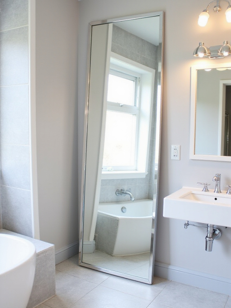 Modern bathroom with a frameless full-length mirror leaning against the wall.