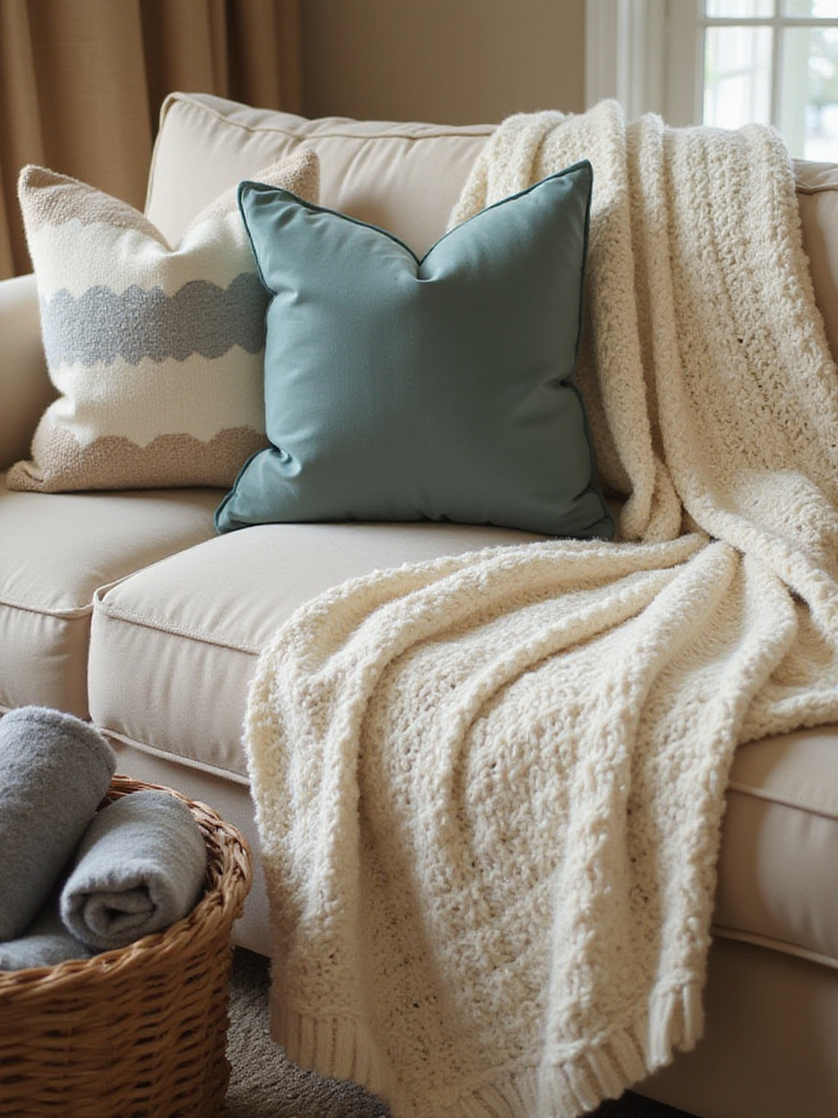 Cozy living room with layered throws and pillows on a beige sofa.