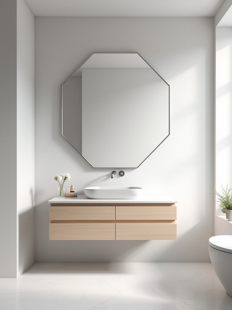 Modern bathroom featuring a large hexagonal mirror above a floating vanity.
