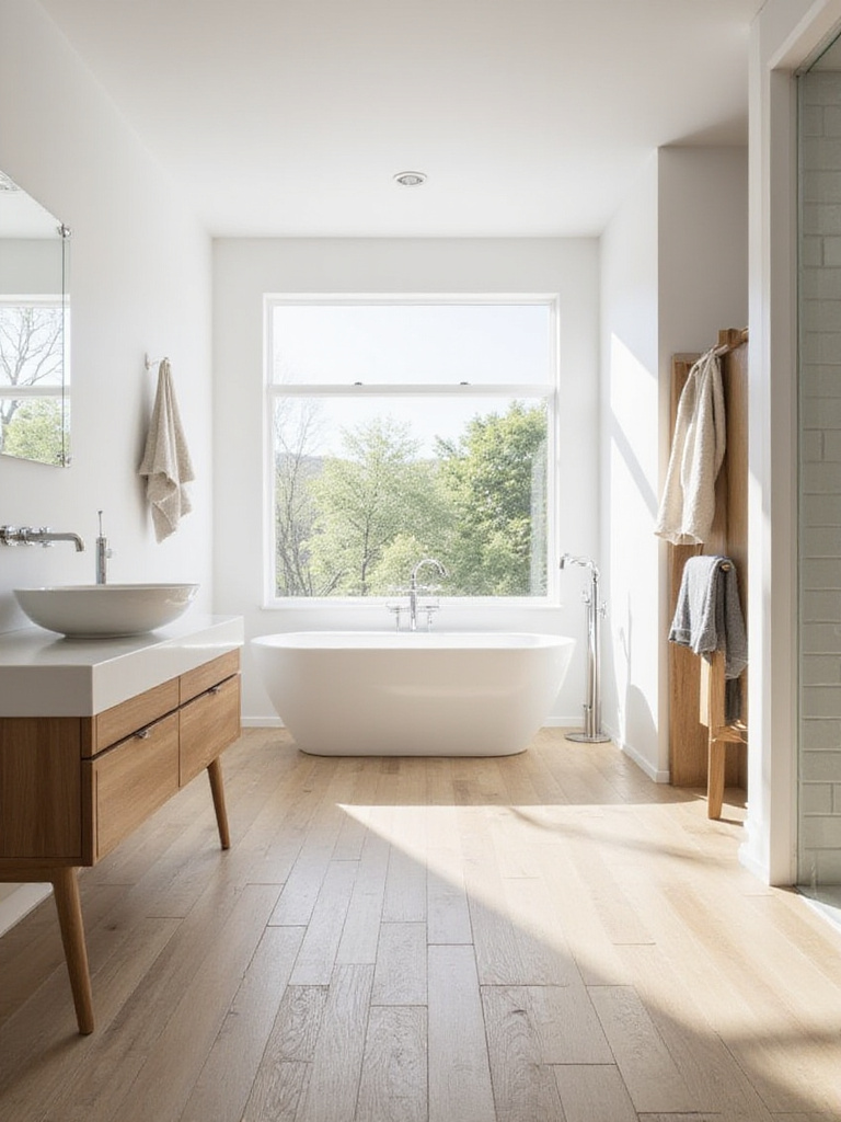Modern bathroom with light oak wood-look porcelain tile flooring in a herringbone pattern.