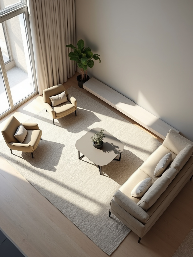 A stylish living room featuring a large area rug correctly placed under a sofa and armchairs, with the front legs of the furniture on the rug. A coffee table sits on the rug, anchoring the seating area.