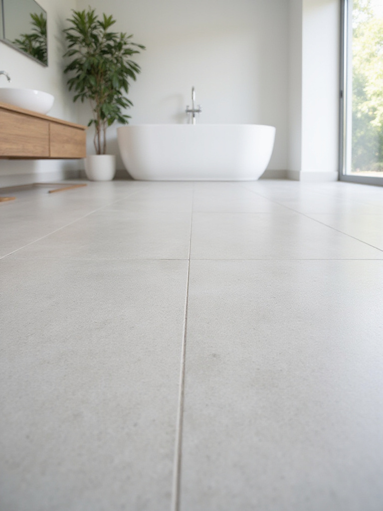 Modern bathroom with large format light gray floor tiles
