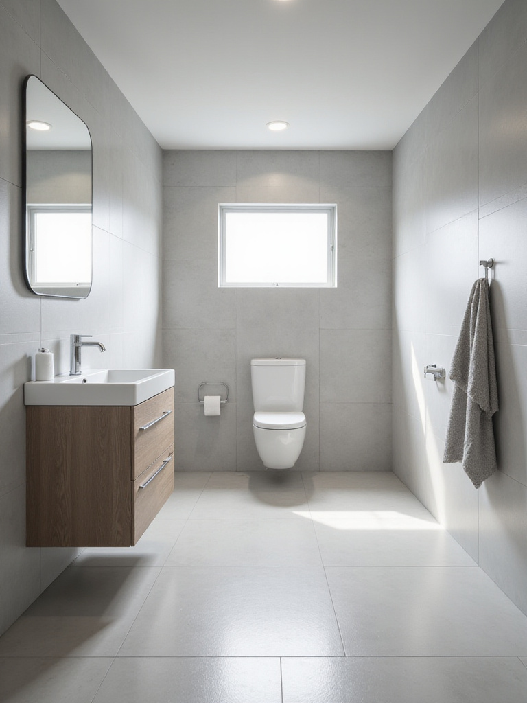 A small modern bathroom featuring large format light grey tiles on the walls and floor, creating a seamless, spacious appearance with minimal grout lines.