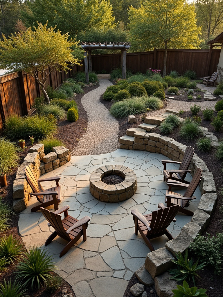 Rustic backyard patio featuring irregular flagstone pavers, dry-stacked stone walls, a boulder fire pit, reclaimed wood furniture, and gravel pathways, surrounded by naturalistic plantings under warm evening light.