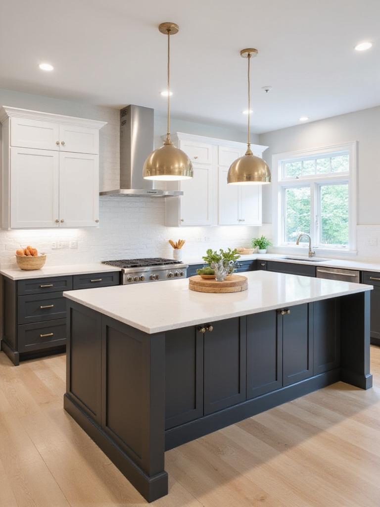 Modern kitchen with two-tone cabinetry featuring dark gray lower cabinets and island base, and white upper cabinets.