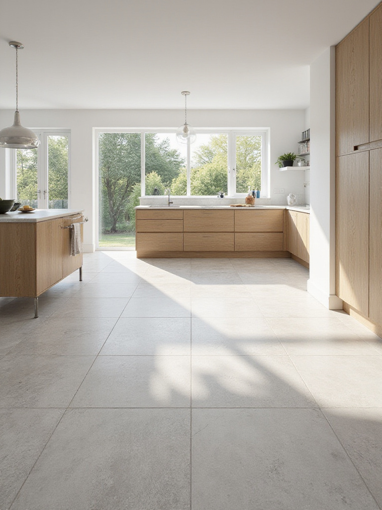 Modern kitchen floor tiled with large format light grey recycled porcelain tiles, showcasing a sustainable and durable flooring option.