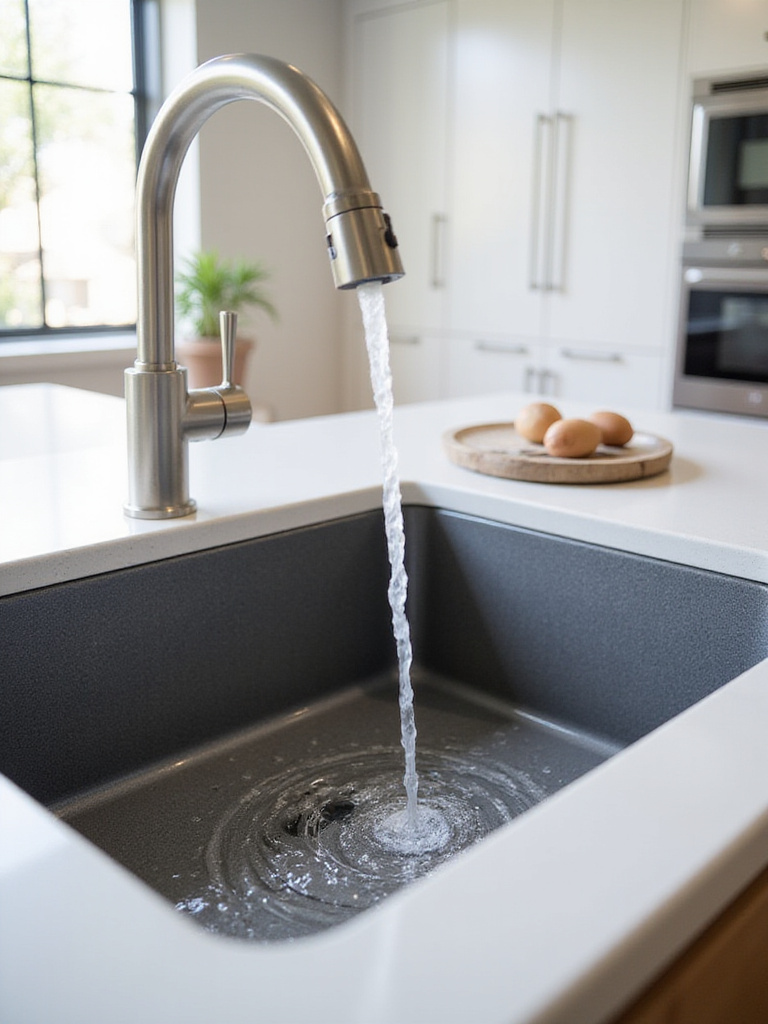 Dark gray granite composite kitchen sink with modern faucet in a bright, contemporary kitchen.