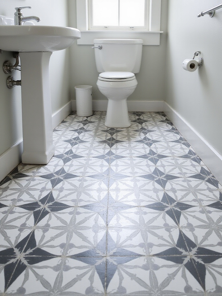 Small bathroom floor featuring a bold geometric patterned tile in grey and white, showing how a patterned floor can add style and dimension to a compact space.