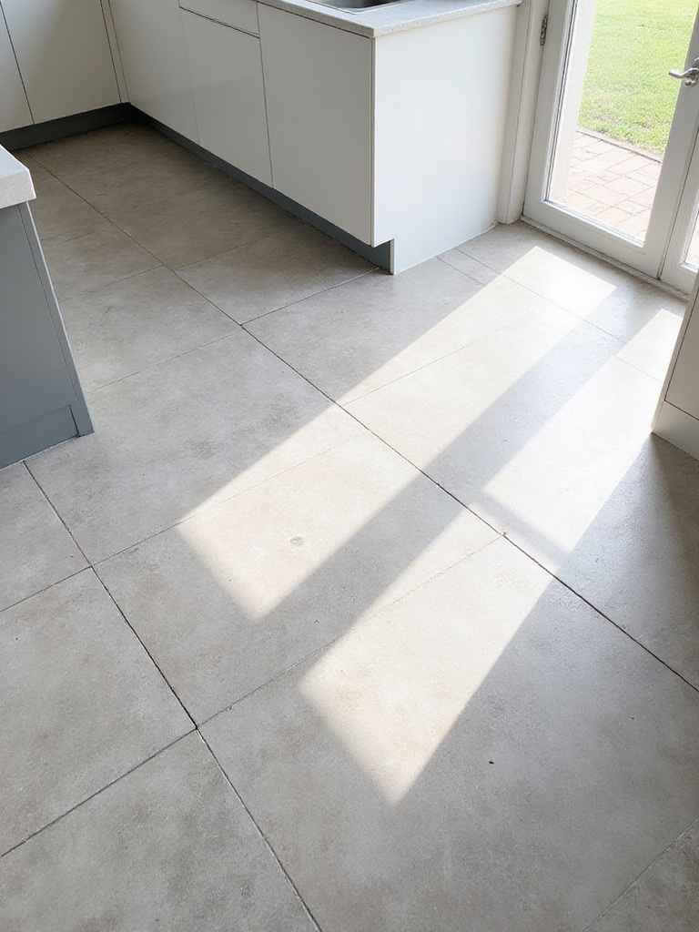 Kitchen floor showcasing the impact of grout color on tile design, with contrasting dark grout highlighting tile shapes and blending light grout creating a seamless look.
