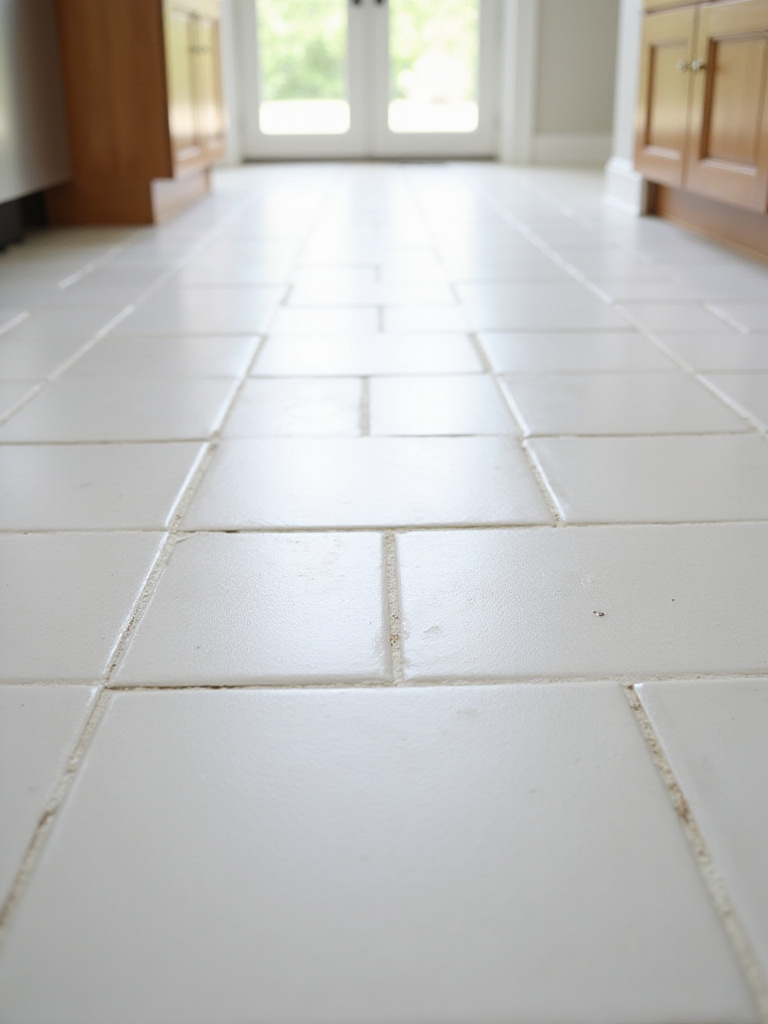 A clean kitchen tile floor with bright, white grout lines, demonstrating well-maintained tile flooring.