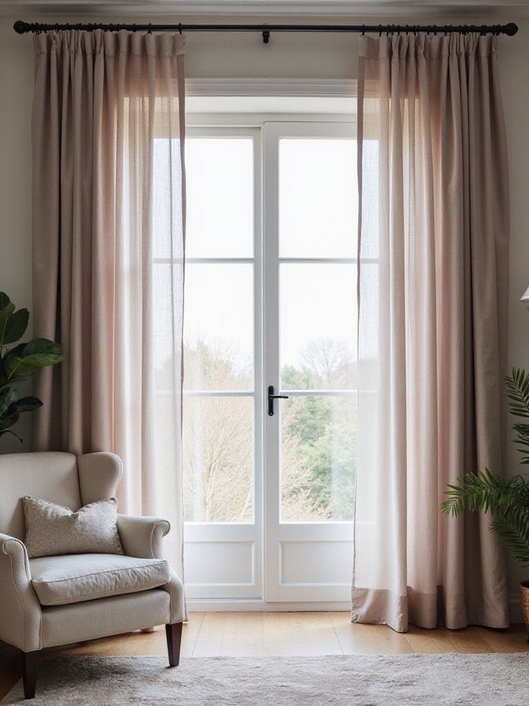 Elegant bedroom window with floor-to-ceiling curtains in a soft grey fabric pooling slightly on the floor, creating a serene and luxurious atmosphere.