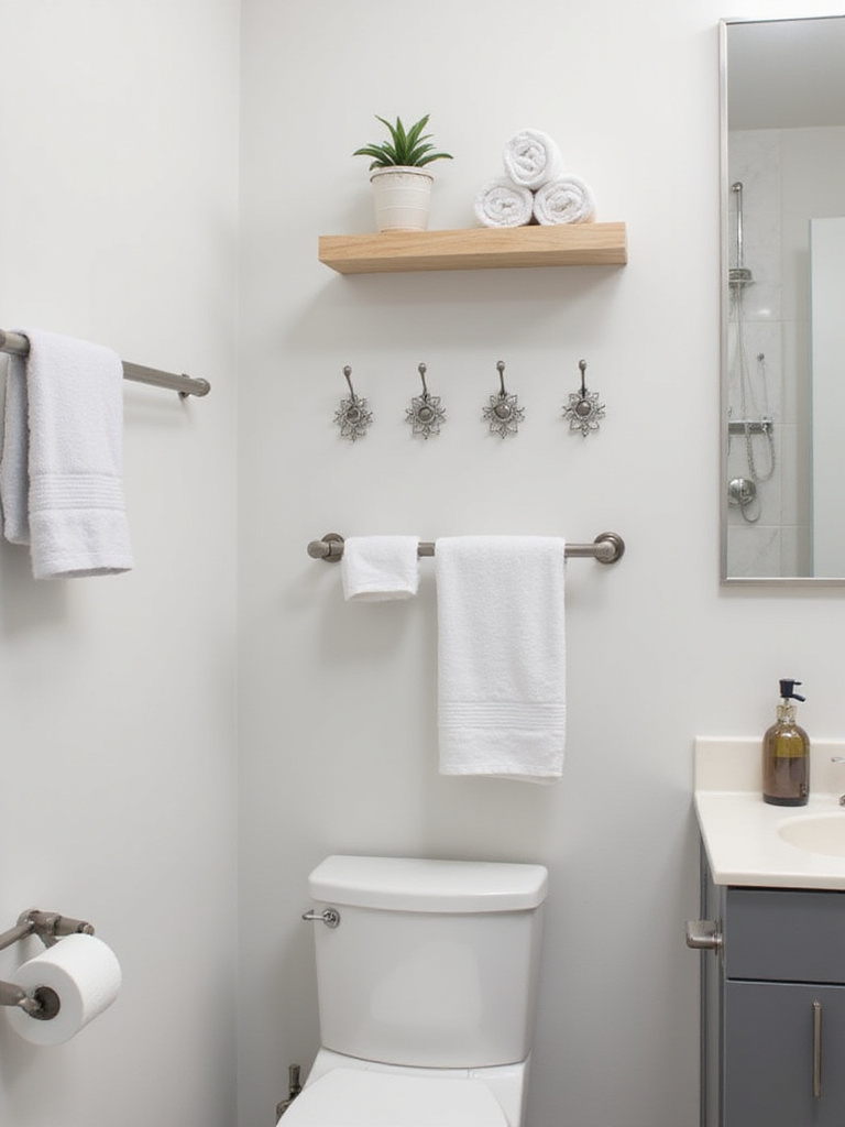 Space-saving wall-mounted towel storage solutions in a small modern bathroom, including a towel bar, hooks, and a shelf for folded towels.
