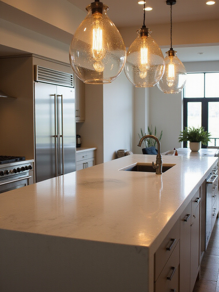 Modern kitchen with a large island and three elegant glass statement pendant lights hanging above, providing task lighting and visual interest.