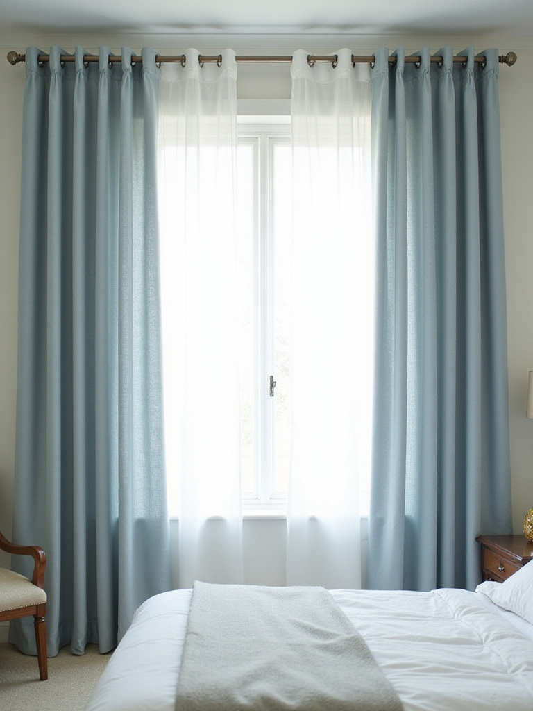 View of a bedroom window featuring layered curtains with sheer panels and thicker blackout drapes, hung high and wide to enhance the sense of space and provide flexible light control and privacy.