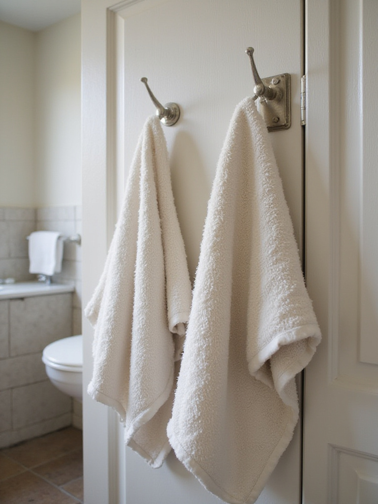 Bath towels hanging on hooks mounted onto the back of a bathroom door, demonstrating a space-saving storage idea for small bathrooms.