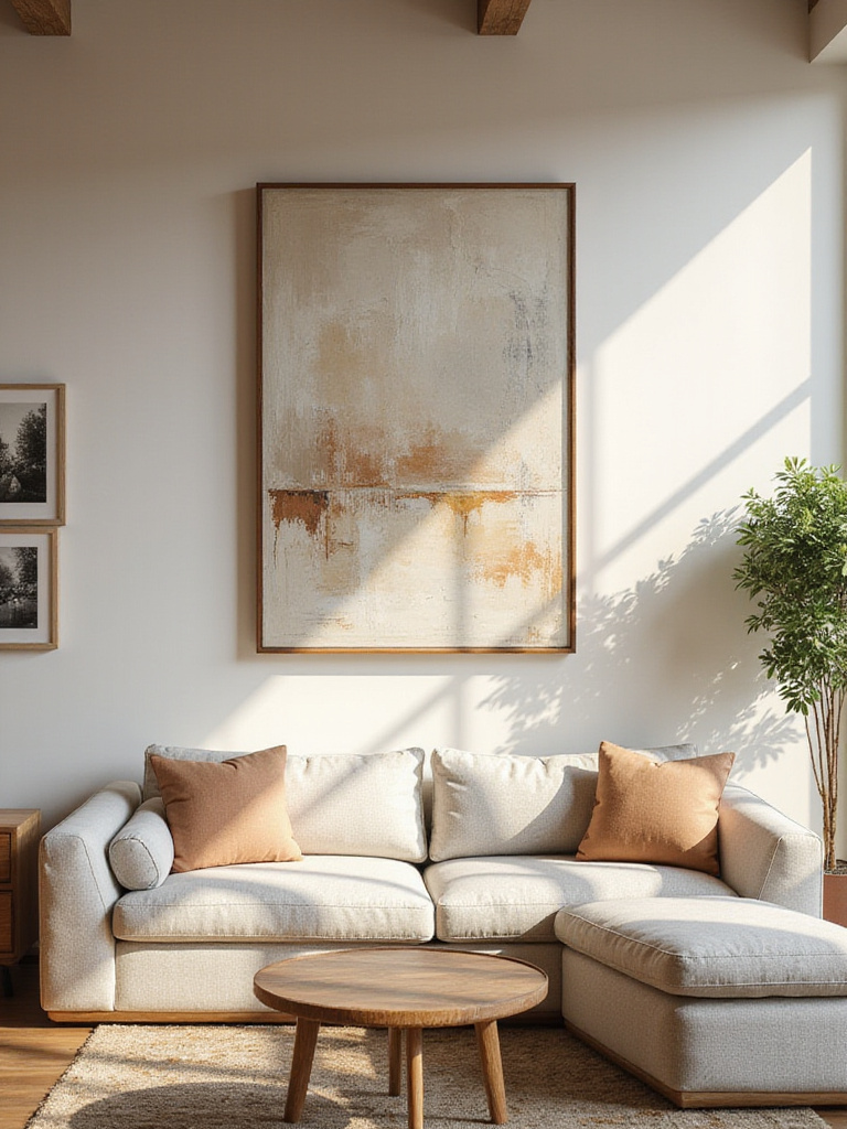 Living room with wall art hung at the correct height above a sofa and as a gallery wall, demonstrating proper placement for stylish interior design.